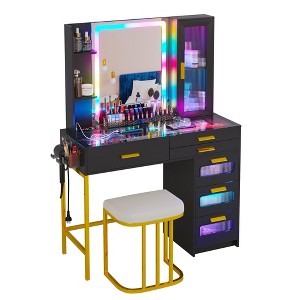 Fredees Vanity: Mirror, LED Lights, Glass Top, Charging Station (Wireless+USB+Type-C), RGB Makeup Table Set with Stool, Organizer, 6 Drawers - 1 of 4
