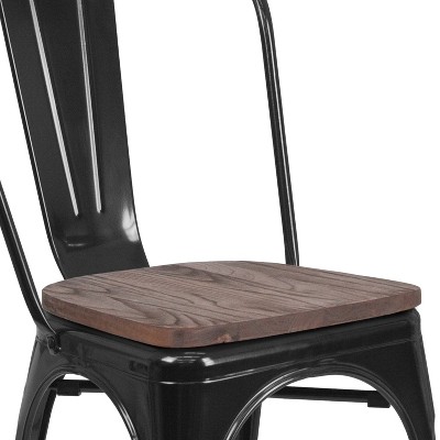 Black Metal Stackable Dining Chair with Wood Seat