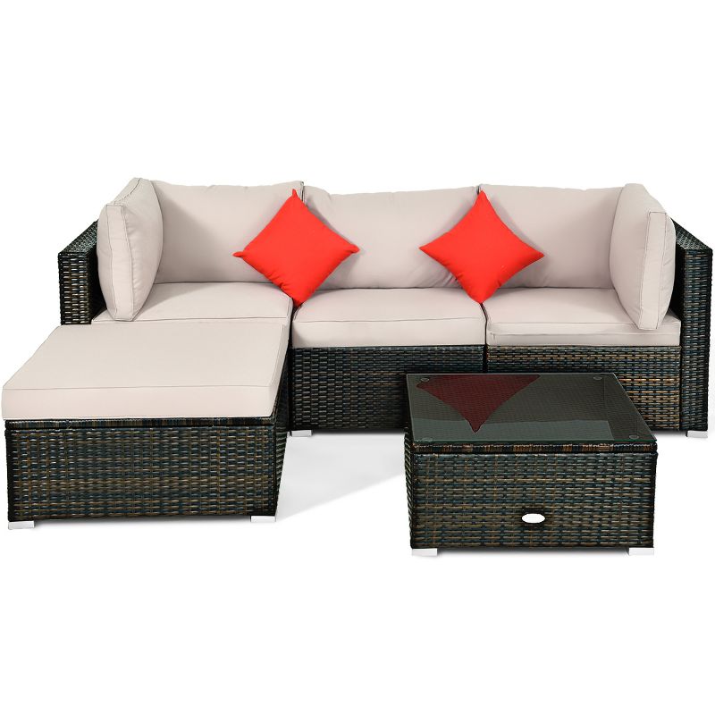Tangkula 5 PCS Patio Rattan Furniture Set Wicker Table Sofa Garden Outdoor W/ Cushion Black, 4 of 10