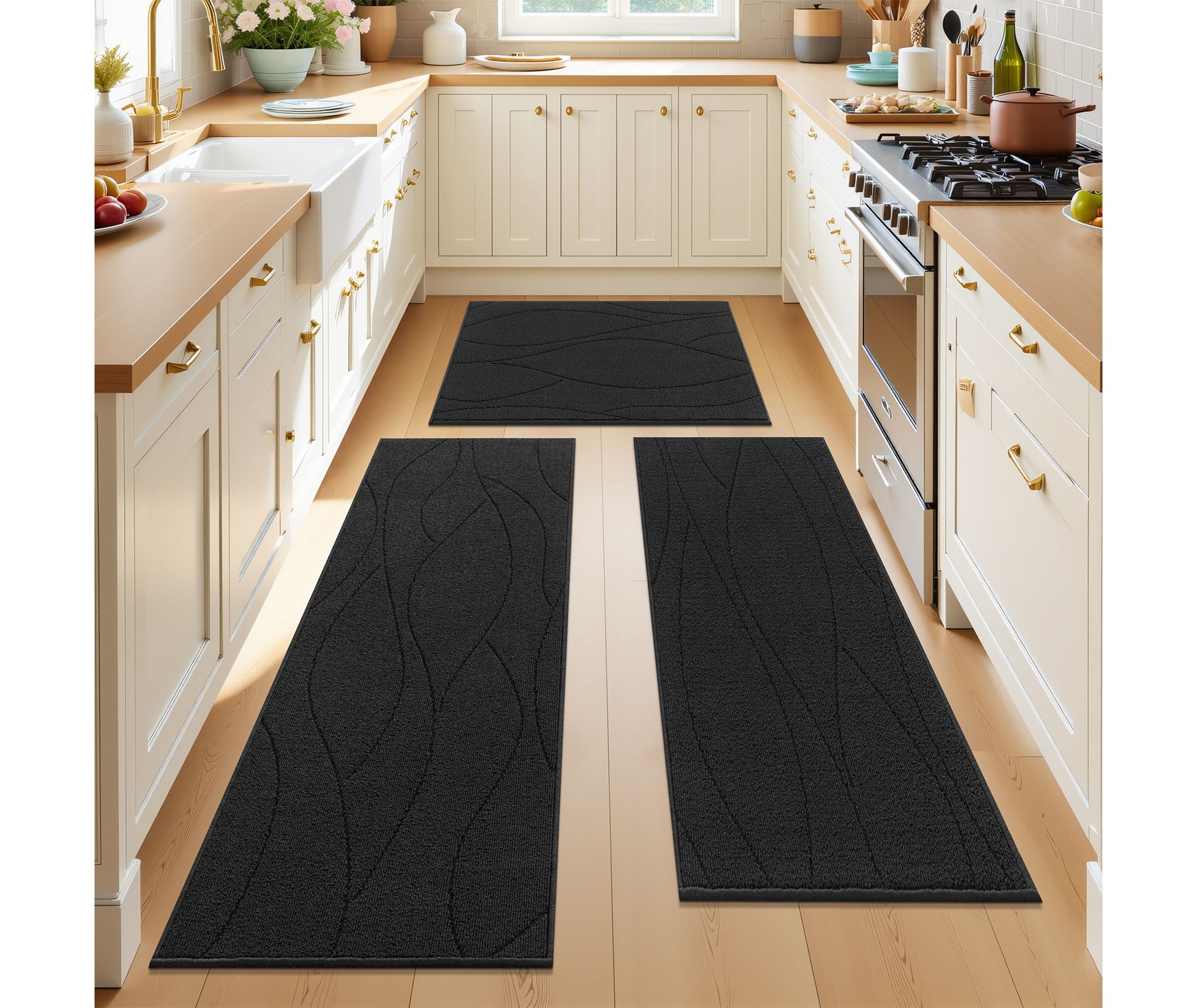 HEBE Geometric Lines Kitchen Rugs Sets of 3, Non Slip Washable Kitchen Mats for Floor