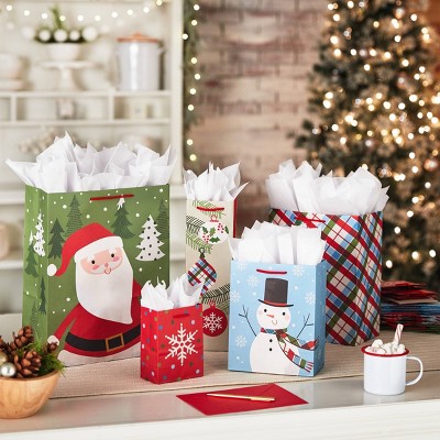 Assorted Christmas Gift Bags Set with Santa and Snowman Designs