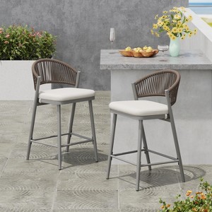 Christopher Knight Home Dallas Outdoor 26" Metal  and Rattan Counter Stools with Scallop-shaped Backrest (Set of 2) - 1 of 4