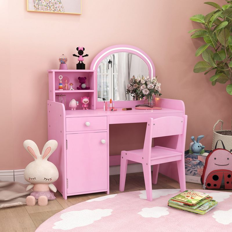 Costway Kid Vanity Table Chair Set 2-Color LED Lights Large Drawer Shelf Cabinet White/Pink, 1 of 11