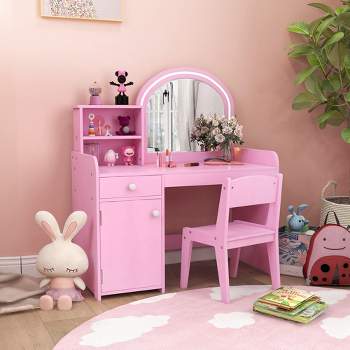 Costway Kid Vanity Table Chair Set 2-Color LED Lights Large Drawer Shelf Cabinet White/Pink