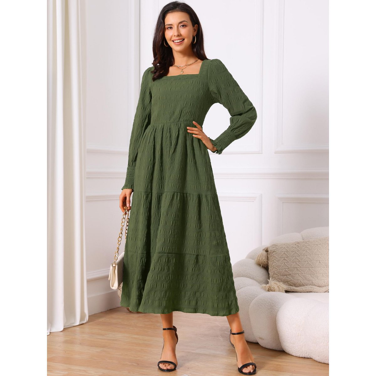 Женские платья INSPIRE CHIC Women's Fall Smocked Long Sleeve Square Neck Flowy Casual Maxi Tiered Dresses with Pockets Green Medium — фото 3