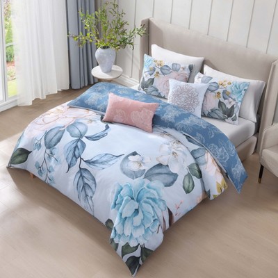 Sky Blue Floral Cotton Queen Reversible Comforter Set