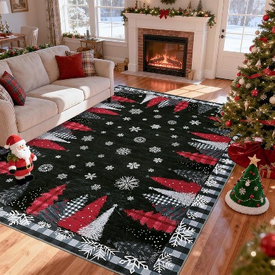 Christmas Area Rugs, Washable Buffalo Plaid Xmas Tree Merry Christmas Area Rug, Non-Slip Soft Thin Throw Carpet Non-Shedding for Living Room