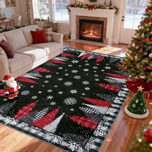 Christmas Area Rugs, Washable Buffalo Plaid Xmas Tree Merry Christmas Area Rug, Non-Slip Soft Thin Throw Carpet Non-Shedding for Living Room - 1 of 4