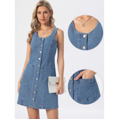 Женские платья INSPIRE CHIC Women Denim Button Down V Neck Sleeveless Collarless Mini Jean Dresses with Pockets Small Light Blue — фото 2