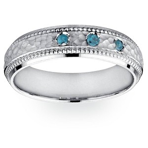 Pompeii3 Mens Blue Diamond Hammered 10K White Gold Wedding Band - 1 of 3