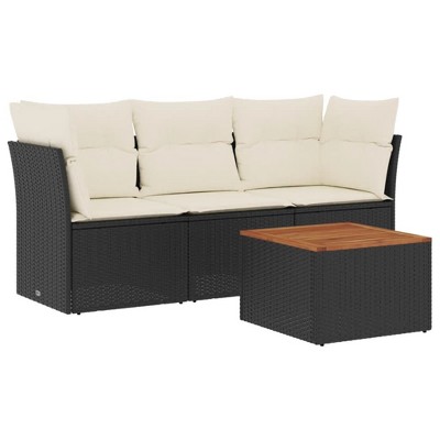 vidaXL Patio Sofa Set with Cushions Outdoor Furniture 4 Piece Poly Rattan - Black and Cream
