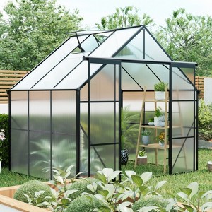 8X6FT-Black Double Door Polycarbonate Greenhouse Raised Base and Anchor Aluminum Heavy Duty Walk-in Greenhouses for Outdoor Backyard in All Season - 1 of 4
