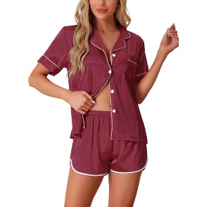 cheibear Women's Satin Silky Short Sleeve Button Down Loungewear Shorts Pajamas Set 2 Pcs - 1 of 4