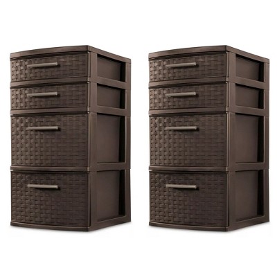 Sterilite 26226P02 4 Drawer Organizer Storage Tower with Medium Weave Drawer Fronts and Easy-Pull Handles, Espresso Brown (2 Pack)