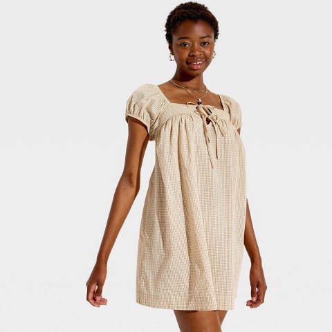 Женские платья Wild Fable Women's Short Puff Sleeve Trapeze Mini Dress - Wild Fable™ Tan Plaid M