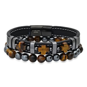 Steeltime Men's 2pc set black leather, tiger eye crosses and black ip stainless steel/hematite & tiger eye beaded bracelets - 1 of 4