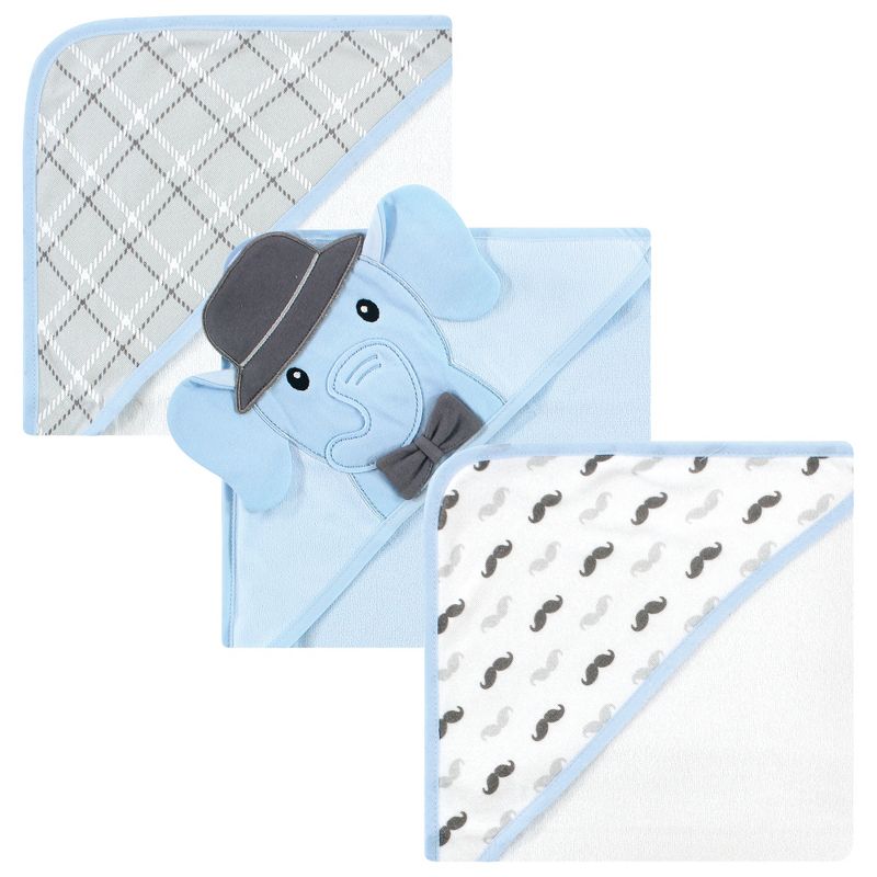 Hudson Baby Infant Boy Cotton Rich Hooded Towels, Blue Charcoal Elephant, One Size, 1 of 6