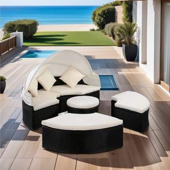 Outdoor Patio Round Daybed with Retractable Canopy, Sectional Seating Furniture Set Black Wicker+Creme Cushion 4M - ModernLuxe