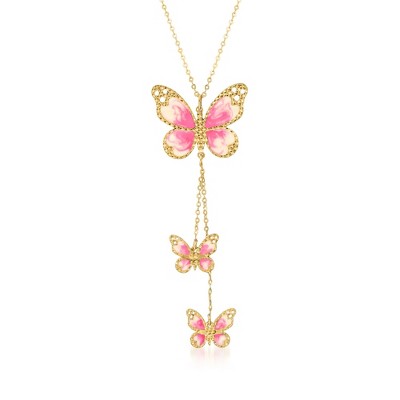 Ross-Simons Italian Pink and White Enamel Butterfly Necklace in 14kt Yellow Gold Size 20