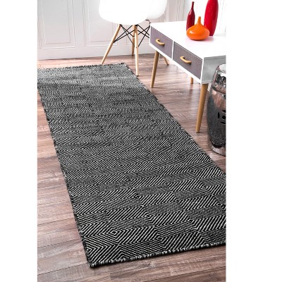 Black Geometric Wool and Cotton Runner Rug, 2' 6" x 6'
