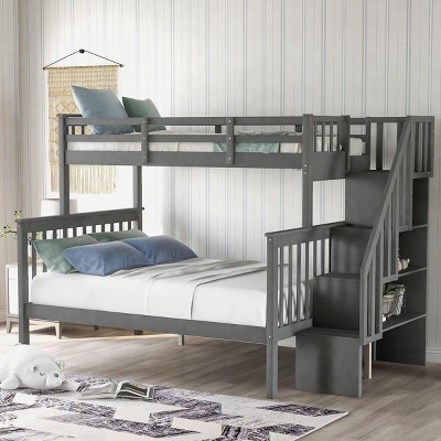 Streamdale Stairway Twin-Over-Full Bunk Bed with Storage and Guard Rail for Bedroom, Gray color
