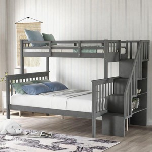 Streamdale Stairway Twin-Over-Full Bunk Bed with Storage and Guard Rail for Bedroom, Gray color - 1 of 4