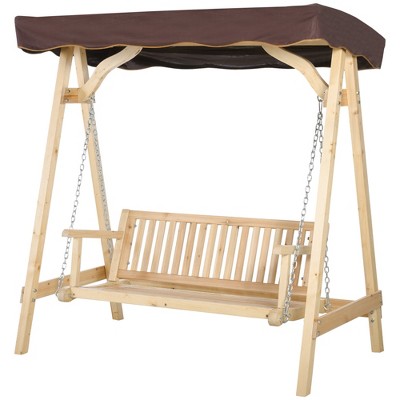 Natural Fir Wood 2-Seater Porch Swing with Brown Canopy