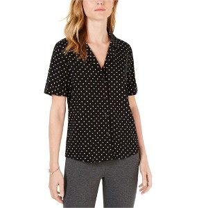 maison Jules Womens Printed Camp Button Down Blouse, Black, Small - 1 of 1