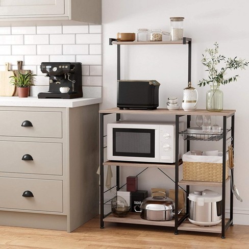 Vasagle Bakers Rack Microwave Stand With Wire Basket 6 Hooks And Shelves Greige And Black Target
