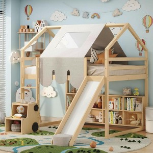 Polibi Loft Playhouse Bed with Slide, Tent Canopy & Built-in Storage - 1 of 4