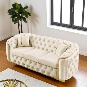 90.6" Velvet Button Tufted Sofa with Gold Stainless Steel Accents & 2 Pillows, 3-Seater Luxury Chesterfield Sofa for Living Room, Italian Velvet - 1 of 4