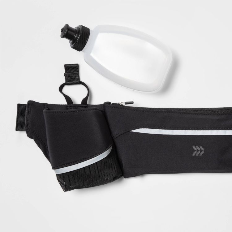 Black colored running belt with a zippered pocket and a white water bottle beside it.