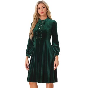 Allegra K Women's Velvet Mock Neck Button Front Ruffle Vintage Flared Dresses - 1 of 4