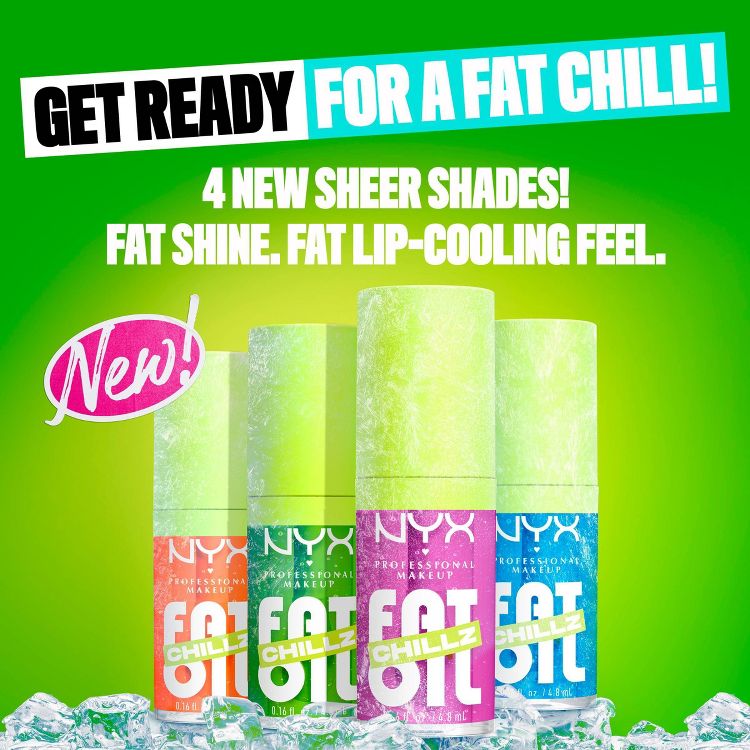 Four tubes of NYX Professional Makeup Fat Oil Lip Drip Lip Gloss in various colors, including orange, green, pink, and blue, are displayed against a green background with ice cubes. Text highlights features like "4 new sheer shades" and "fat shine."