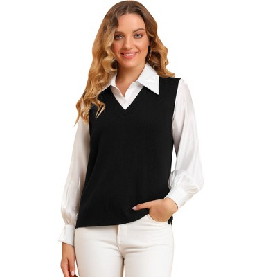 Allegra K Women's Cable Knit Crop Sweater Vest Deep V-neck