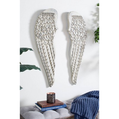 Distressed White Carved Wood Angel Wings Wall Decor Set