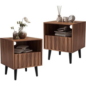 Bekrvio Mid Century Modern Fluted Nightstand with Solid Wood Legs,19.7" Walnut Side Table with Drawers & Open Storage for Bedroom,Living Room - 1 of 4