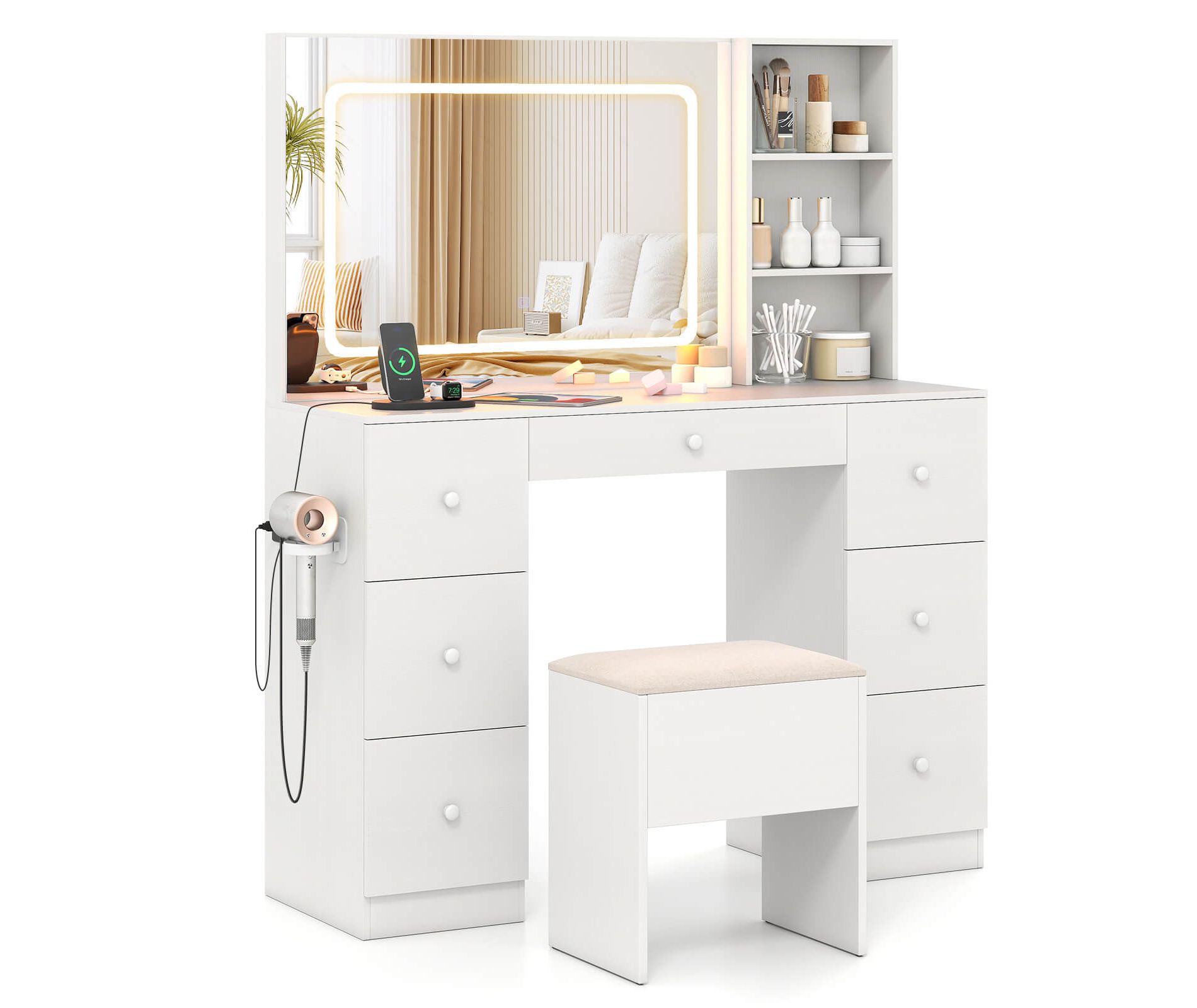 Costway Vanity Desk with Mirror & Lights Makeup Table with Power Outlets & 7 Drawers