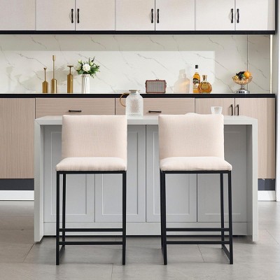 Set of 2 Linen Fabric Upholstered Counter Height Bar Stools,Modern Stainless Frame Bar Stool,Armless Kitchen Dining Room Bar Stool-Coolbibila