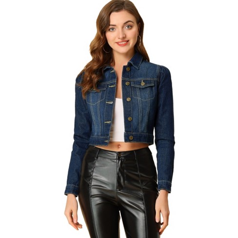 Allegra K Women's Basic Puff Sleeve Washed Lightweight Cropped Denim Jacket  Blue Black X-Large