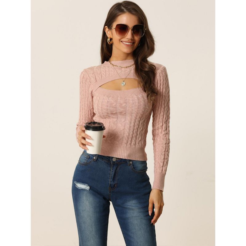 Seta T Women's Cut Out Front Cable Knit Long Sleeve Crop Pullover Sweater, 2 of 6