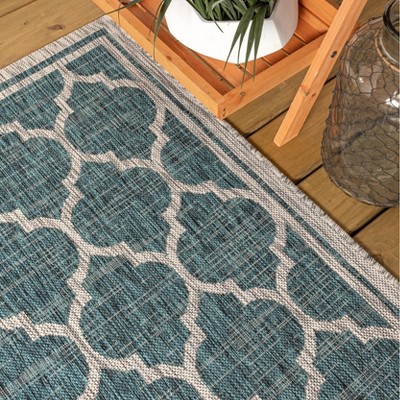 Teal and Gray Round Moroccan Trellis Indoor/Outdoor Rug