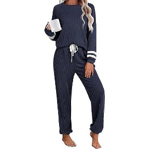 Ekouaer Lounge Sets for Women Ribbed Knit Outfits Pajamas Sets 2 Piece Long Sleeve Sweatsuits with Pockets - 1 of 4