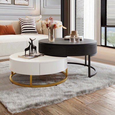 NicBex Modern Round Lift-Top Nesting Coffee Table with 2 Drawers and Metal Base for Living Room