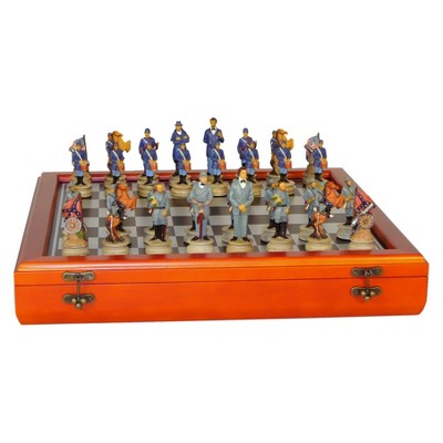 WorldWise Imports 3.25" Civil War Generals Painted Resin Men Chess Set with Cherry Stained Chess Board Game