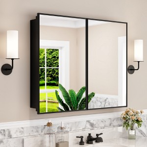 Elise Medicine Cabinet with Mirror, 30'' x 30'' Surface or Recessed Bathroom Medicine Cabinet, Adjustable Tempered Glass Shelves, Reversible, Black - 1 of 4