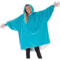 THE COMFY Original Adult Oversized Microfiber Sherpa Lined Wearable Blanket w/Plush Hood, Large Pocket, & Ribbed Sleeve Cuffs, 1 Size Fits All, Aqua
