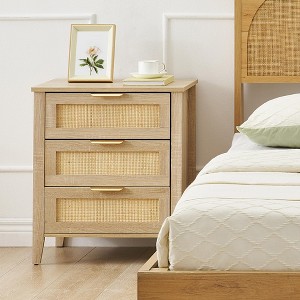 Wooden 3 Drawer Dresser,Rattan Nightstand, Metal Handle and Solid Wood Legs for Bedroom, Living Room, Entryway - 1 of 4