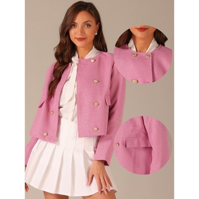 Allegra K Women's Tweed Plaid Double-breasted Scoop Neck Long Sleeve Casual Jackets Pink Small — фото 2