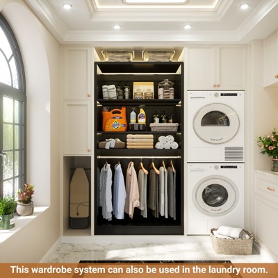 Aheaplus 36" Wooden Closet Organizer and Hangers, Freestanding Wardrobe with Hanging Rails and Adjustable Shelves